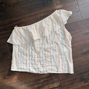 SEZANE One Shoulder Ruffle Striped Top Cream Multi Color Metallic Size 40